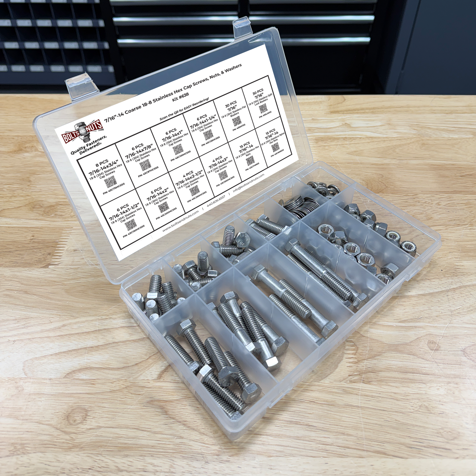 Assortment Kit #638 (136Pcs.) 7/16"-14, 18-8 (304) Stainless Steel Hex Cap Screws, Hex & Nylon Nuts, Flat & Lock Washers