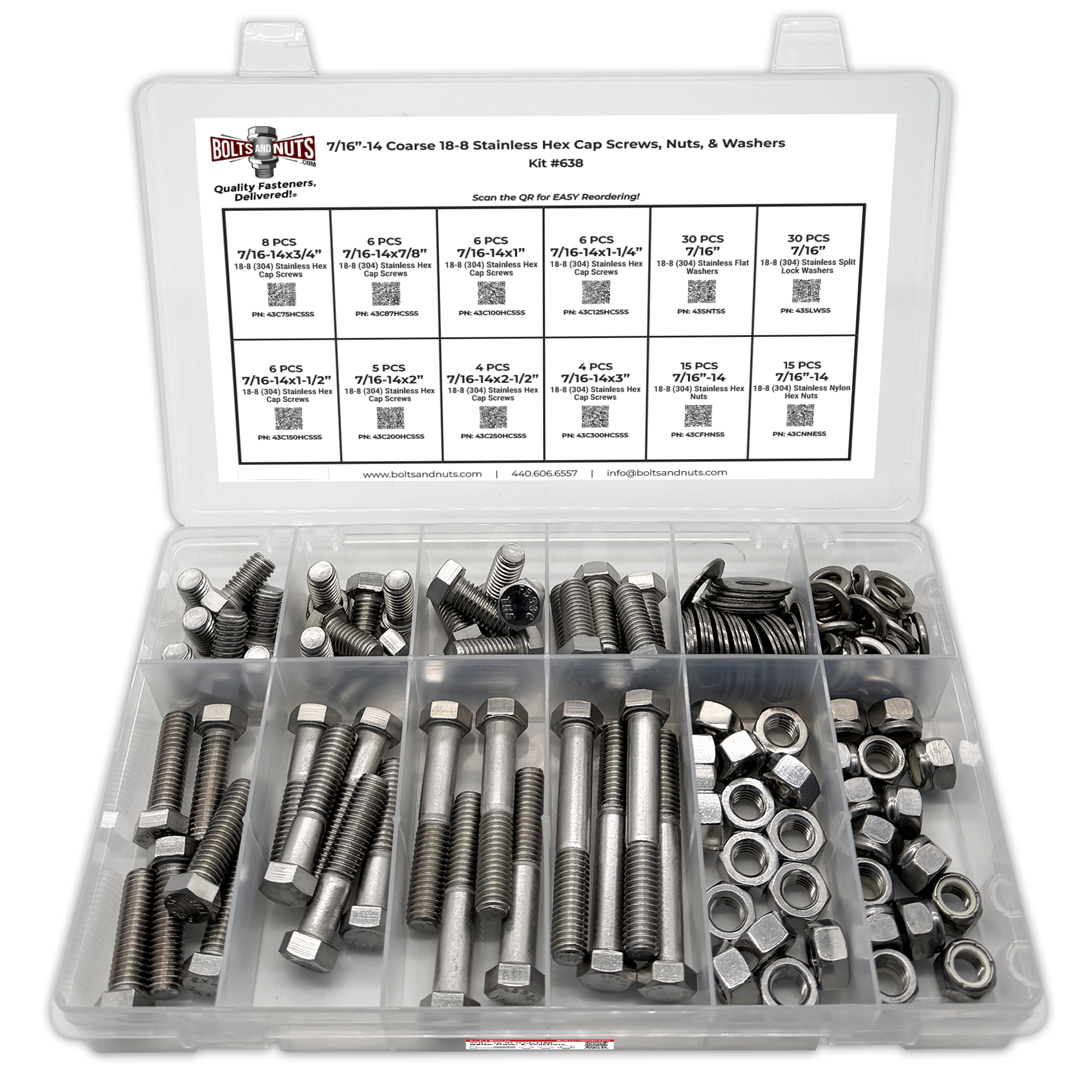 Assortment Kit #638 (136Pcs.) 7/16"-14, 18-8 (304) Stainless Steel Hex Cap Screws, Hex & Nylon Nuts, Flat & Lock Washers