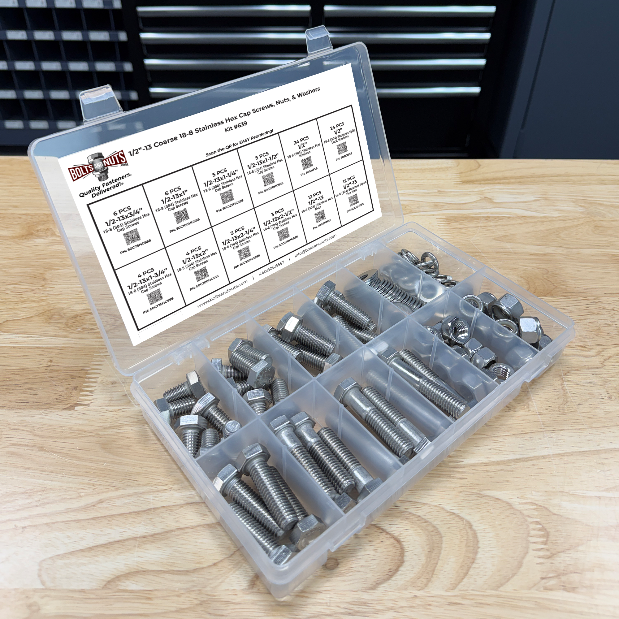 Assortment Kit #639 (109Pcs.) 1/2"-13, 18-8 (304) Stainless Steel Hex Cap Screws, Hex & Nylon Nuts, Flat & Lock Washers
