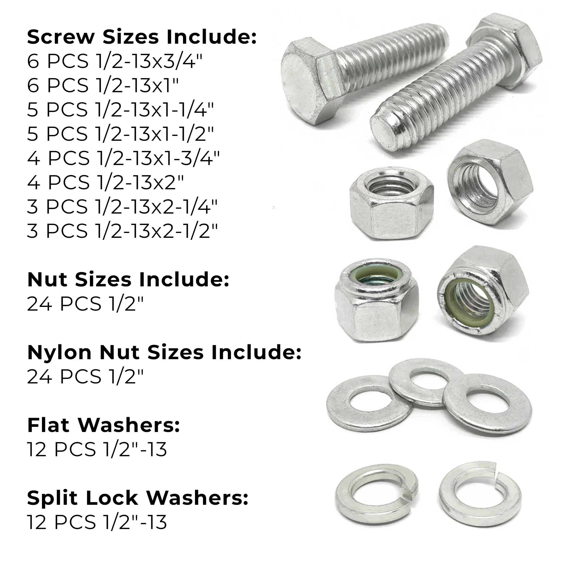 Assortment Kit #639 (109Pcs.) 1/2"-13, 18-8 (304) Stainless Steel Hex Cap Screws, Hex & Nylon Nuts, Flat & Lock Washers