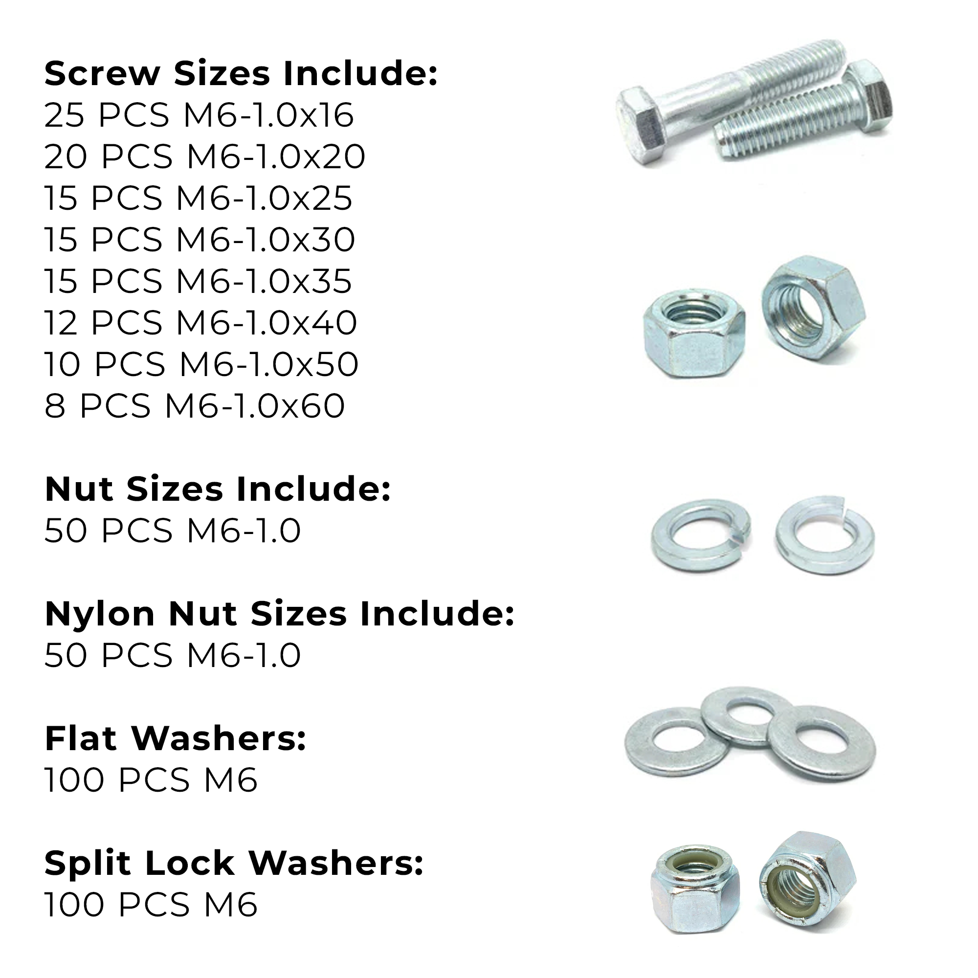 Assortment Kit #640 (421Pcs.) M6-1.0 Class 10.9 Hex Cap Screws, Hex & Nylon Nuts, Flat & Lock Washers - Zinc Plated