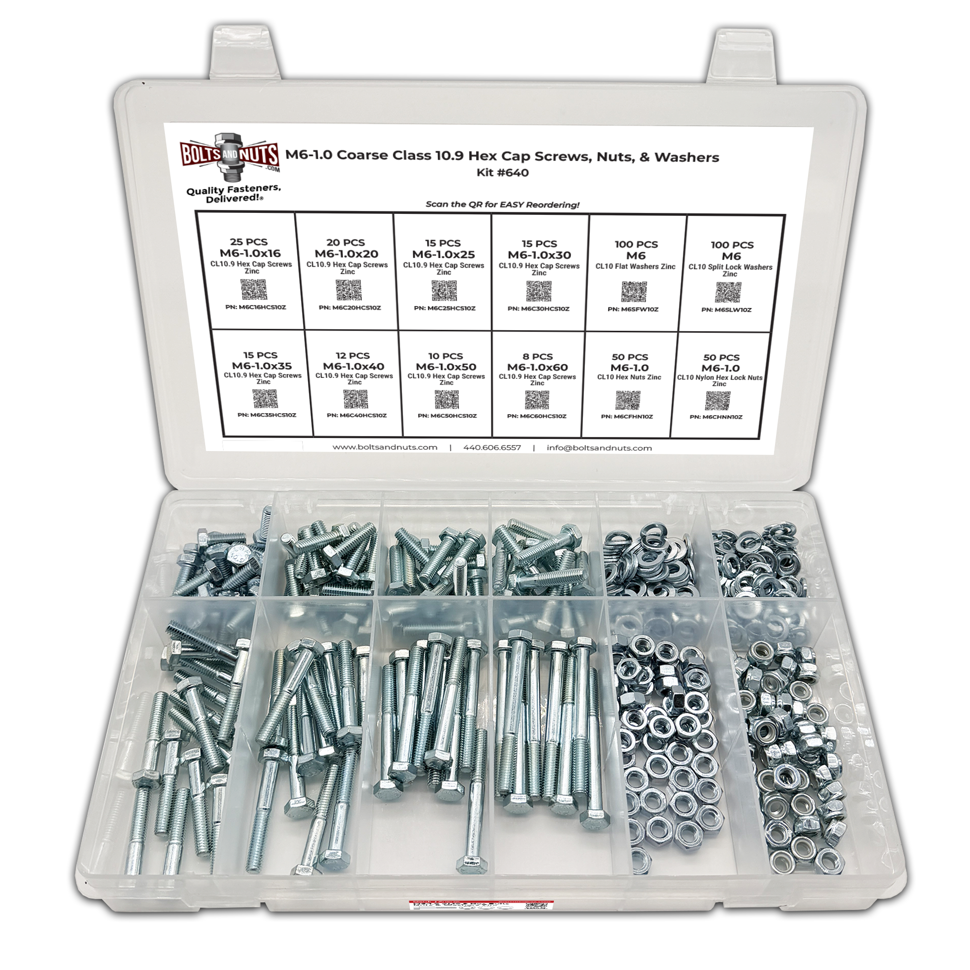 Assortment Kit #640 (421Pcs.) M6-1.0 Class 10.9 Hex Cap Screws, Hex & Nylon Nuts, Flat & Lock Washers - Zinc Plated