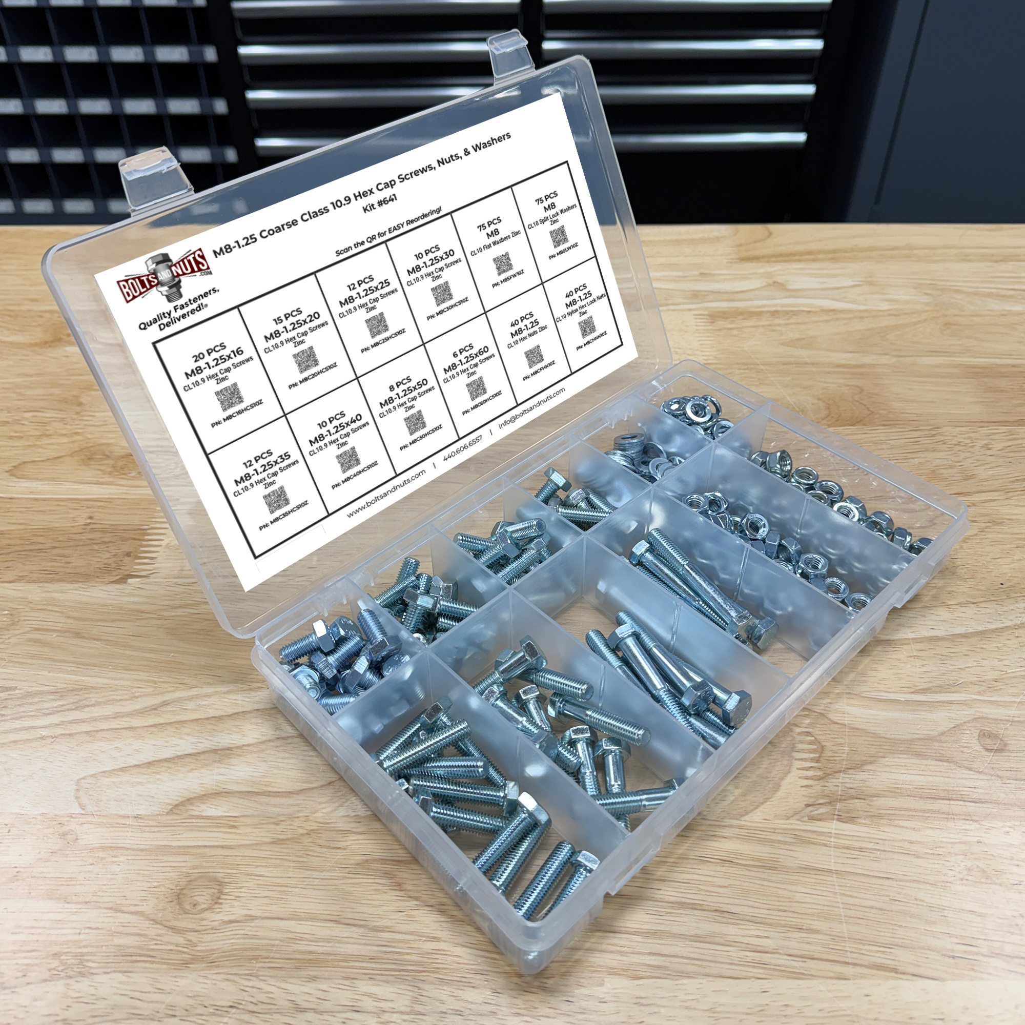 Assortment Kit #641 (324Pcs.) M8-1.25 Class 10.9 Hex Cap Screws, Hex & Nylon Nuts, Flat & Lock Washers - Zinc Plated