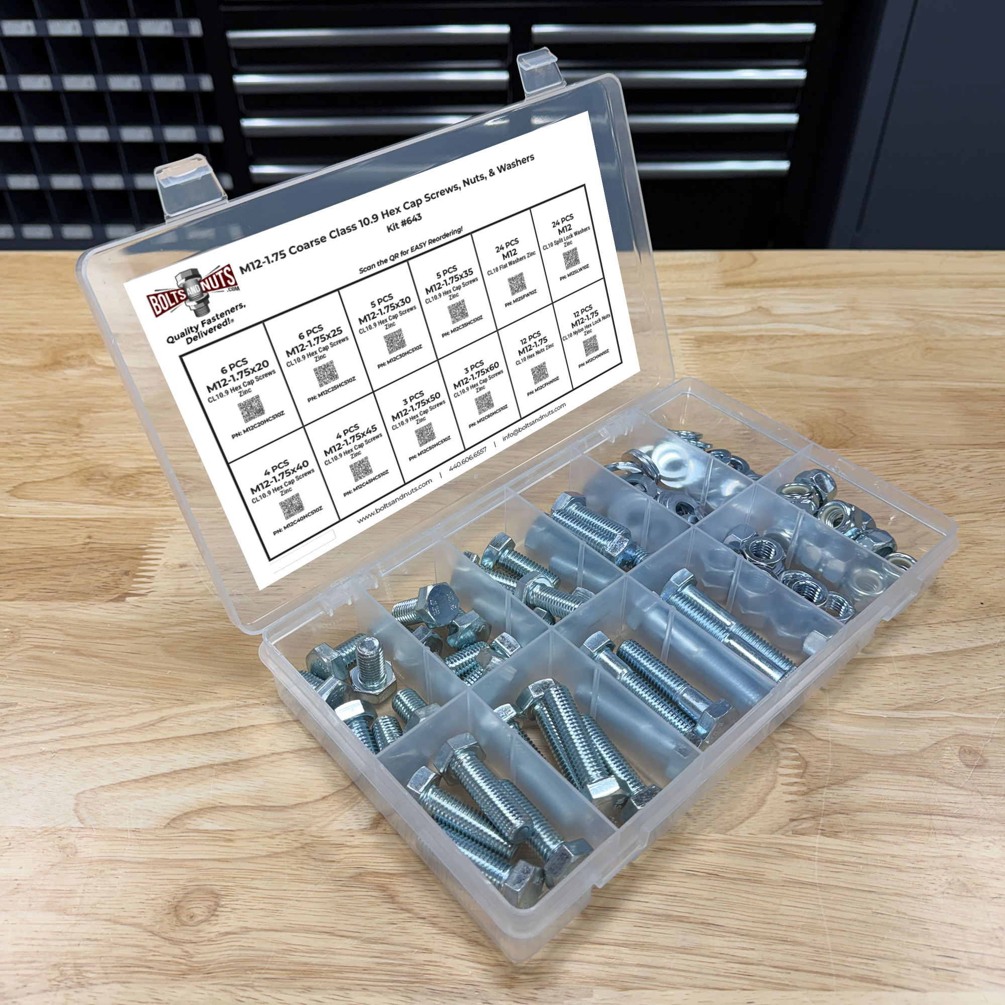 Assortment Kit #643 (109Pcs.) M12-1.75 Class 10.9 Hex Cap Screws, Hex & Nylon Nuts, Flat & Lock Washers - Zinc Plated