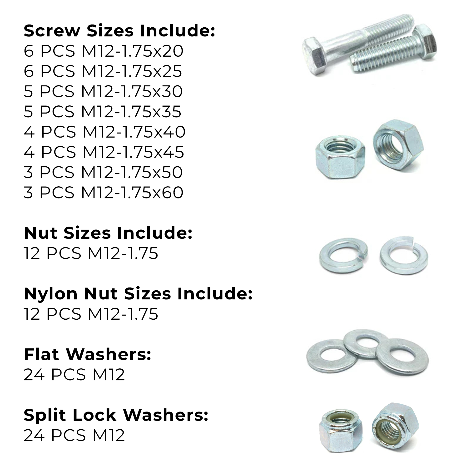 Assortment Kit #643 (109Pcs.) M12-1.75 Class 10.9 Hex Cap Screws, Hex & Nylon Nuts, Flat & Lock Washers - Zinc Plated
