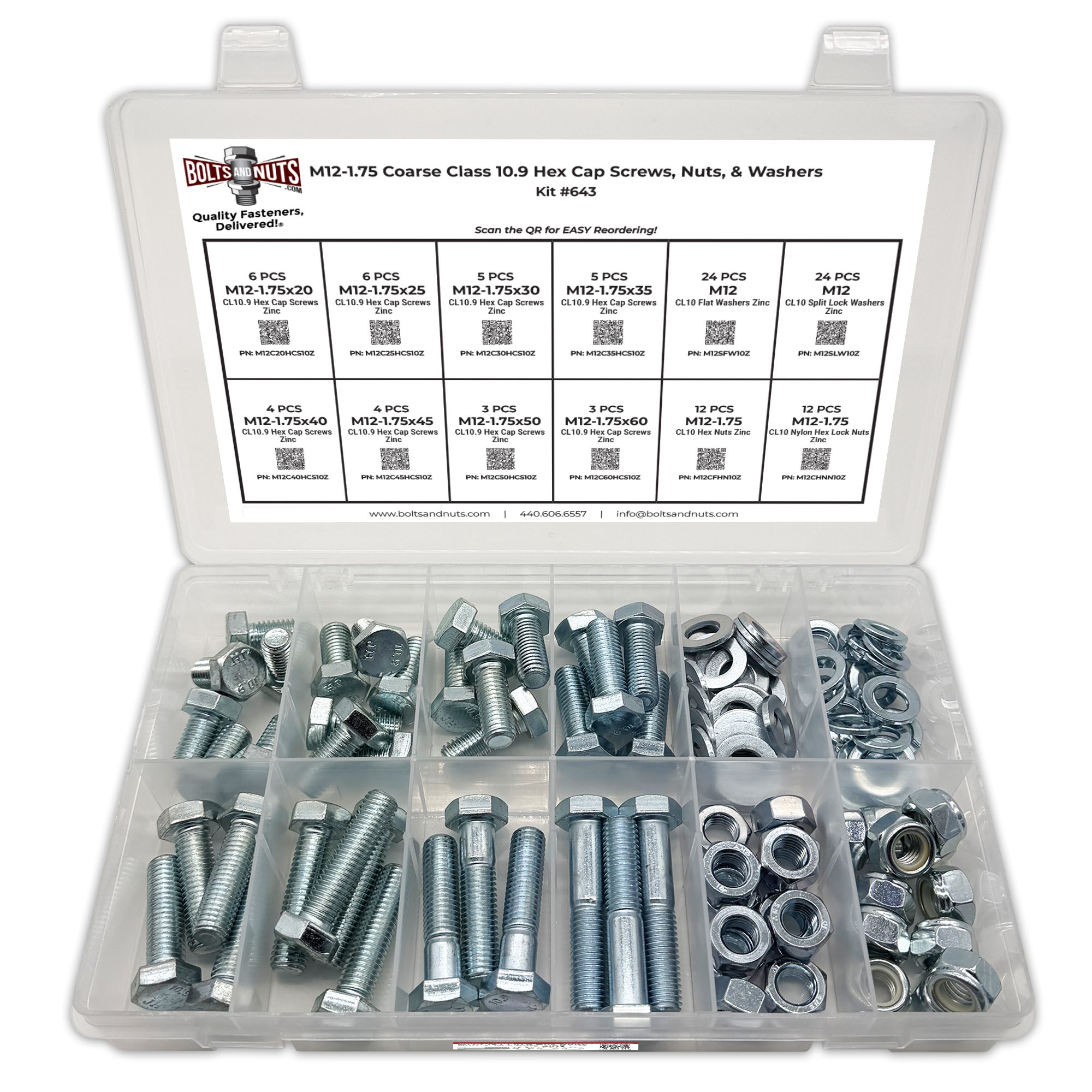 Assortment Kit #643 (109Pcs.) M12-1.75 Class 10.9 Hex Cap Screws, Hex & Nylon Nuts, Flat & Lock Washers - Zinc Plated