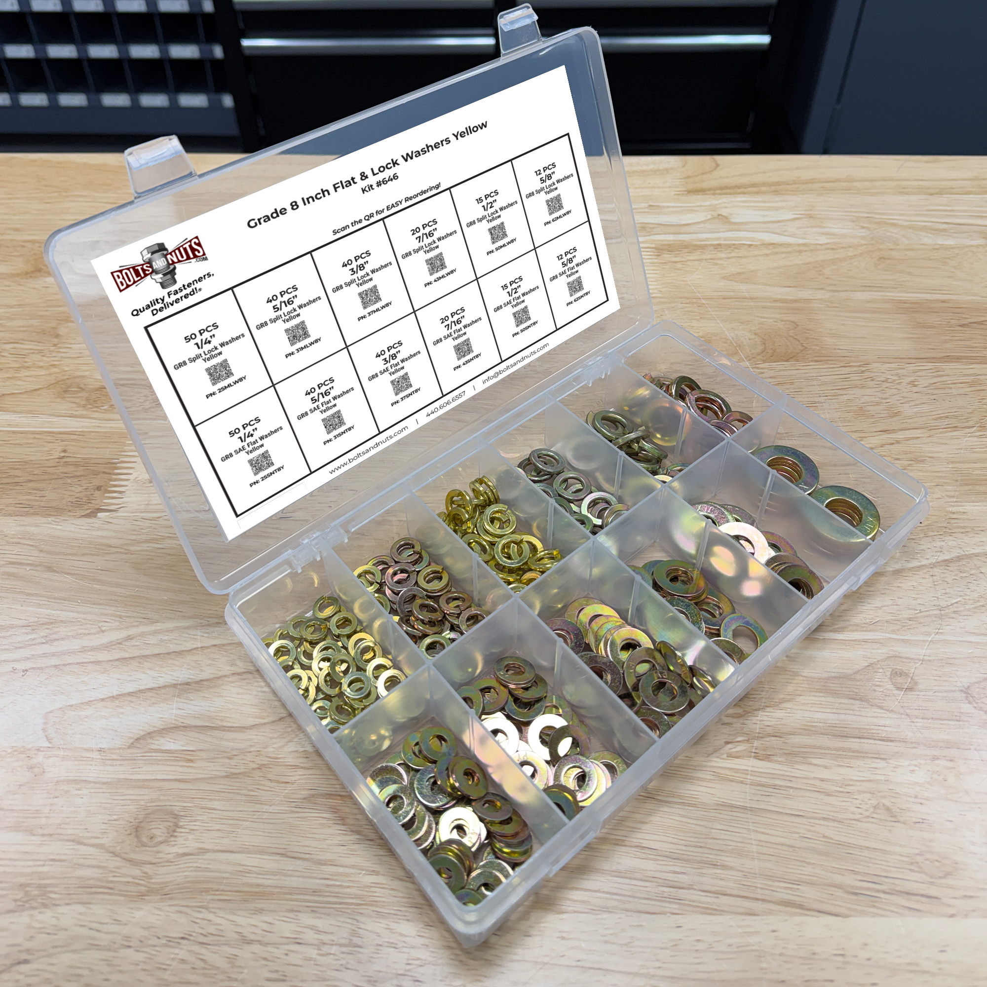 Assortment Kit #646 (355Pcs.) Grade 8 Inch Flat & Lock Washers - Zinc & Yellow Plated