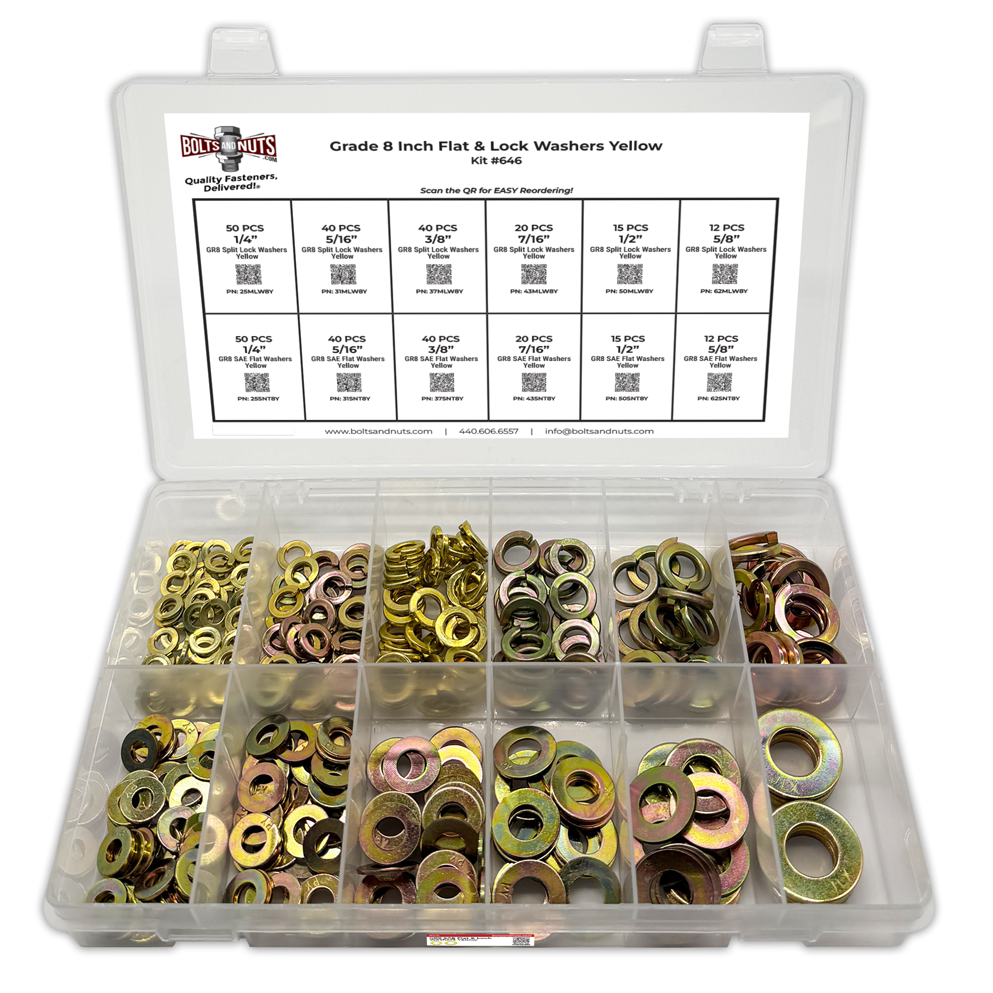 Assortment Kit #646 (355Pcs.) Grade 8 Inch Flat & Lock Washers - Zinc & Yellow Plated