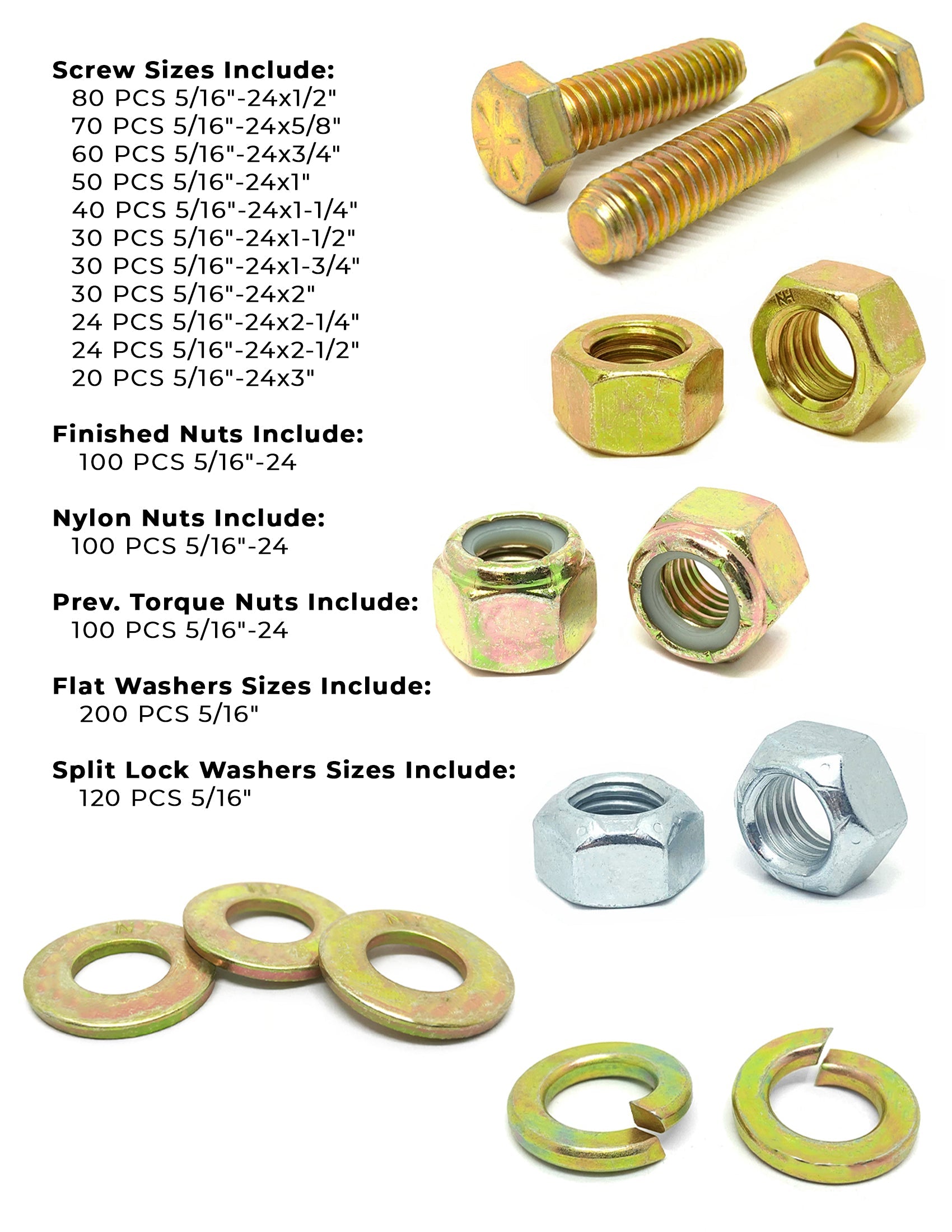 5/16"-24 Fine Grade 5 Hex Cap Screws, Nuts, & Washers - 1078 PCS
