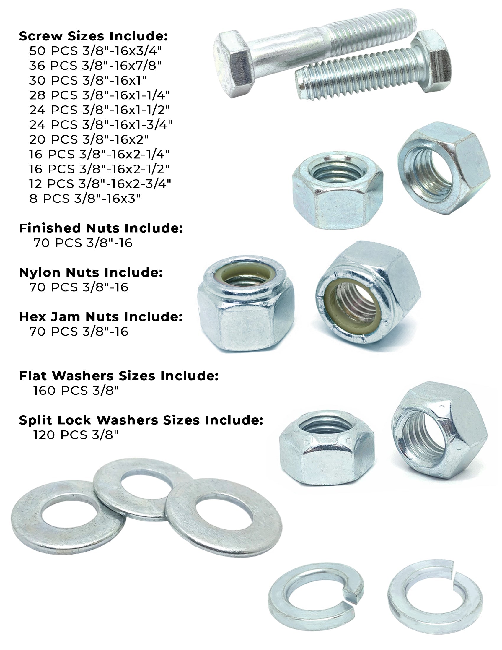 3/8"-16 Coarse Grade 5 Hex Cap Screws, Nuts, & Washers - 755 PCS
