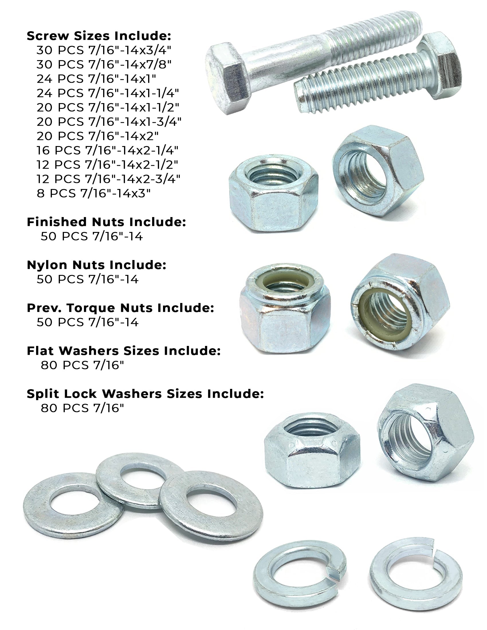 7/16"-14 Coarse Grade 5 Hex Cap Screws, Nuts, & Washers - 527 PCS