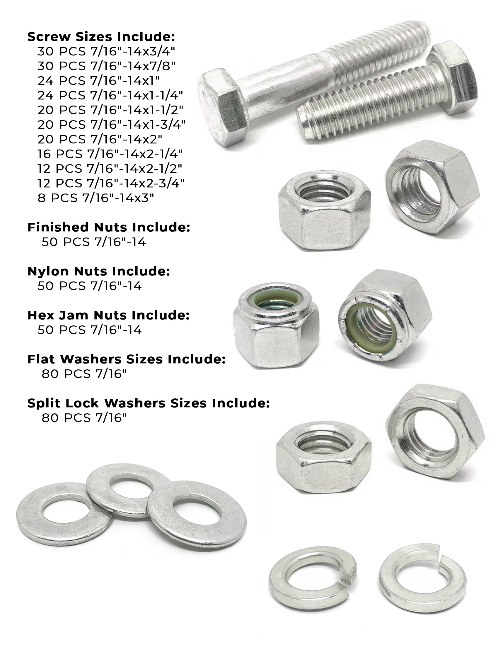 7/16"-14 Coarse 18-8 Stainless Steel Hex Cap Screws, Nuts, & Washers - 527 PCS