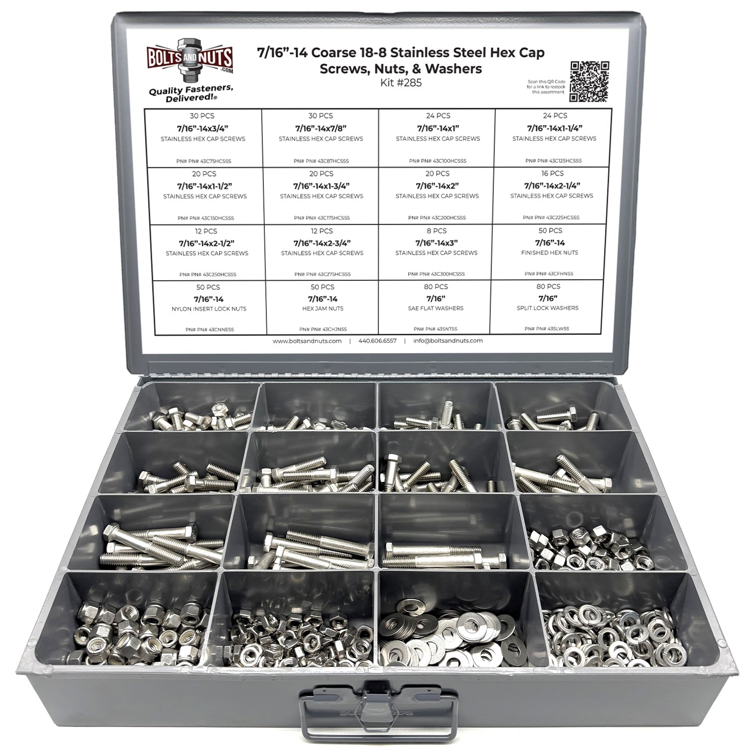 7/16"-14 Coarse 18-8 Stainless Steel Hex Cap Screws, Nuts, & Washers - 528 PCS