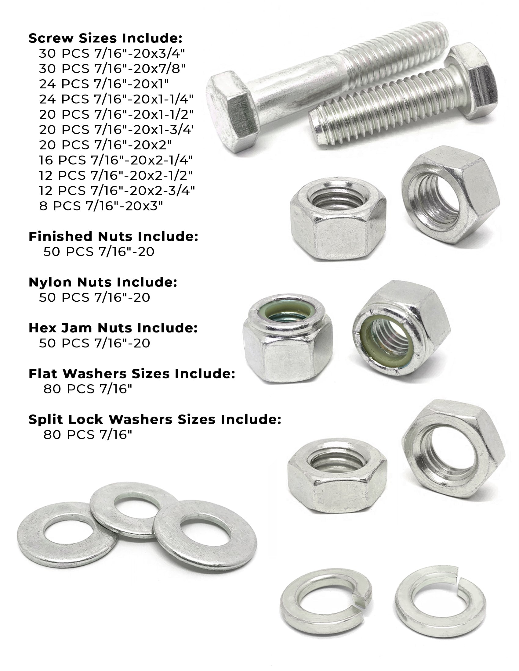 7/16"-20 Fine 18-8 Stainless Steel Hex Cap Screws, Nuts, & Washers - 527 PCS