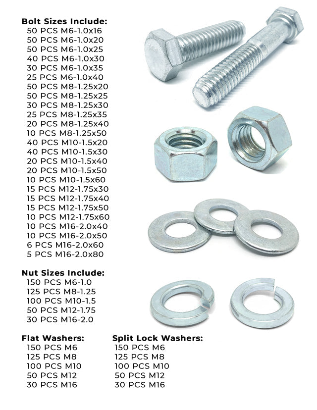 Metric Class 8.8 Coarse Hex Cap Screws, Hex Nuts, Flat & Lock Washers - 2012 PCS