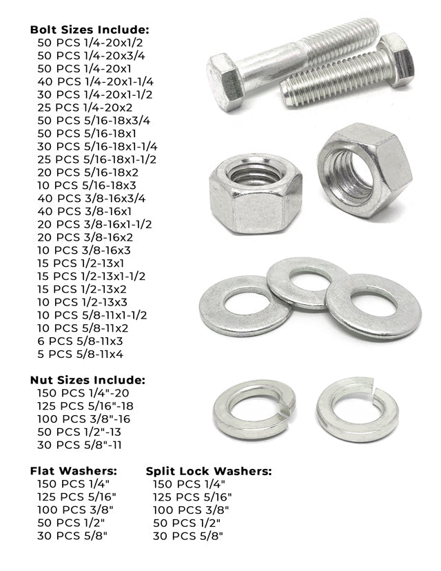 Inch 18-8 Stainless Hex Cap Screws, Hex Nuts, Flat & Lock Washers - 2011 PCS
