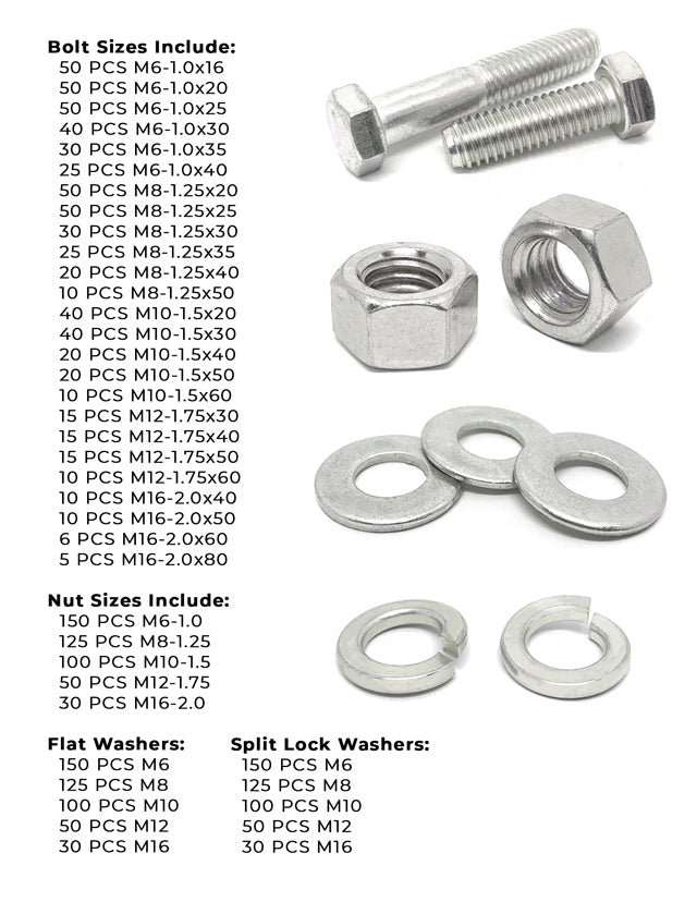 Metric Class A2 Stainless Coarse Hex Cap Screws, Hex Nuts, Flat & Lock Washers - 2011 PCS