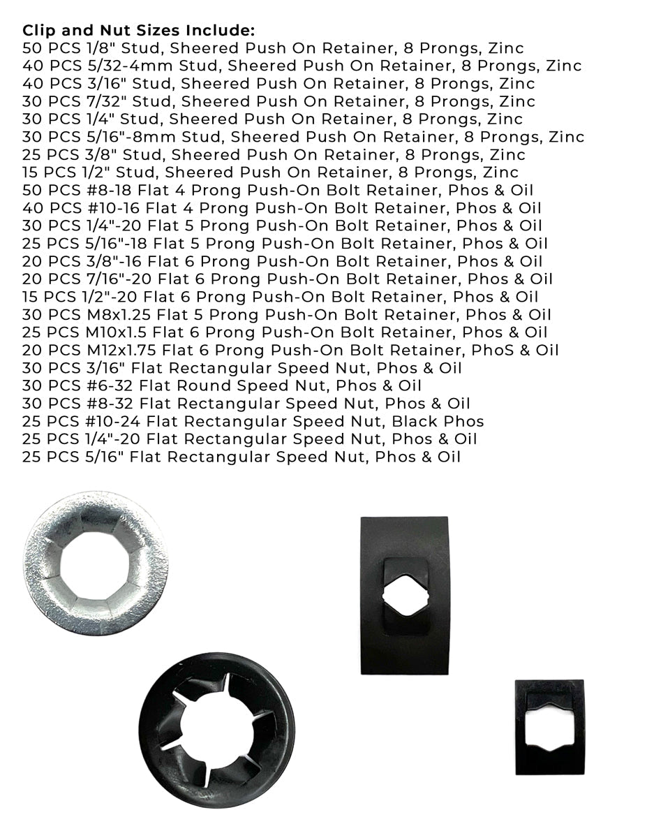 Inch and Metric Push-On Bolt Retainers and Speed Nuts Assortment - 696 PCS