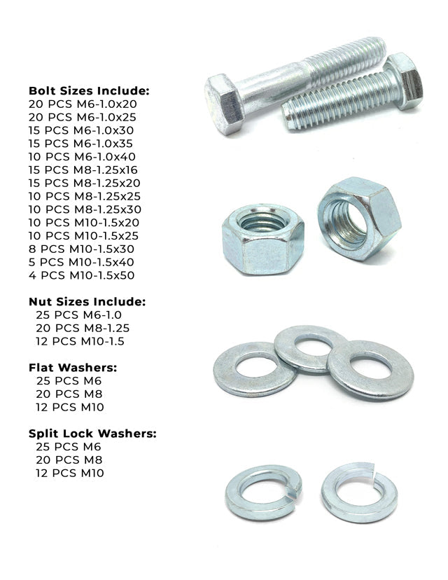 Metric Class 8.8 Hex Cap Screws, Hex Nuts, Flat & Lock Washers - 341 PCS