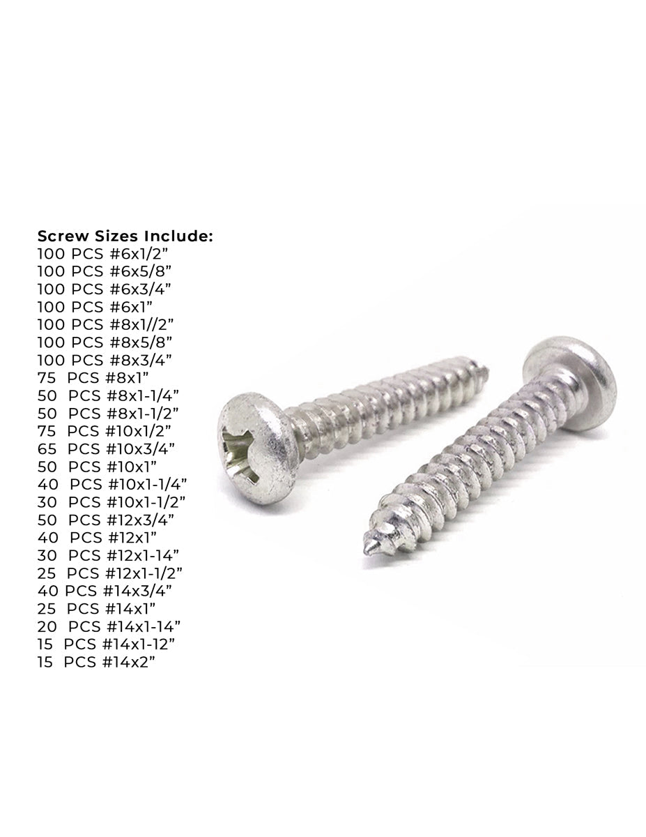 18-8 Stainless Steel Phillips Pan Head Sheet Metal Self Tapping Screws Assortment - 1396 PCS