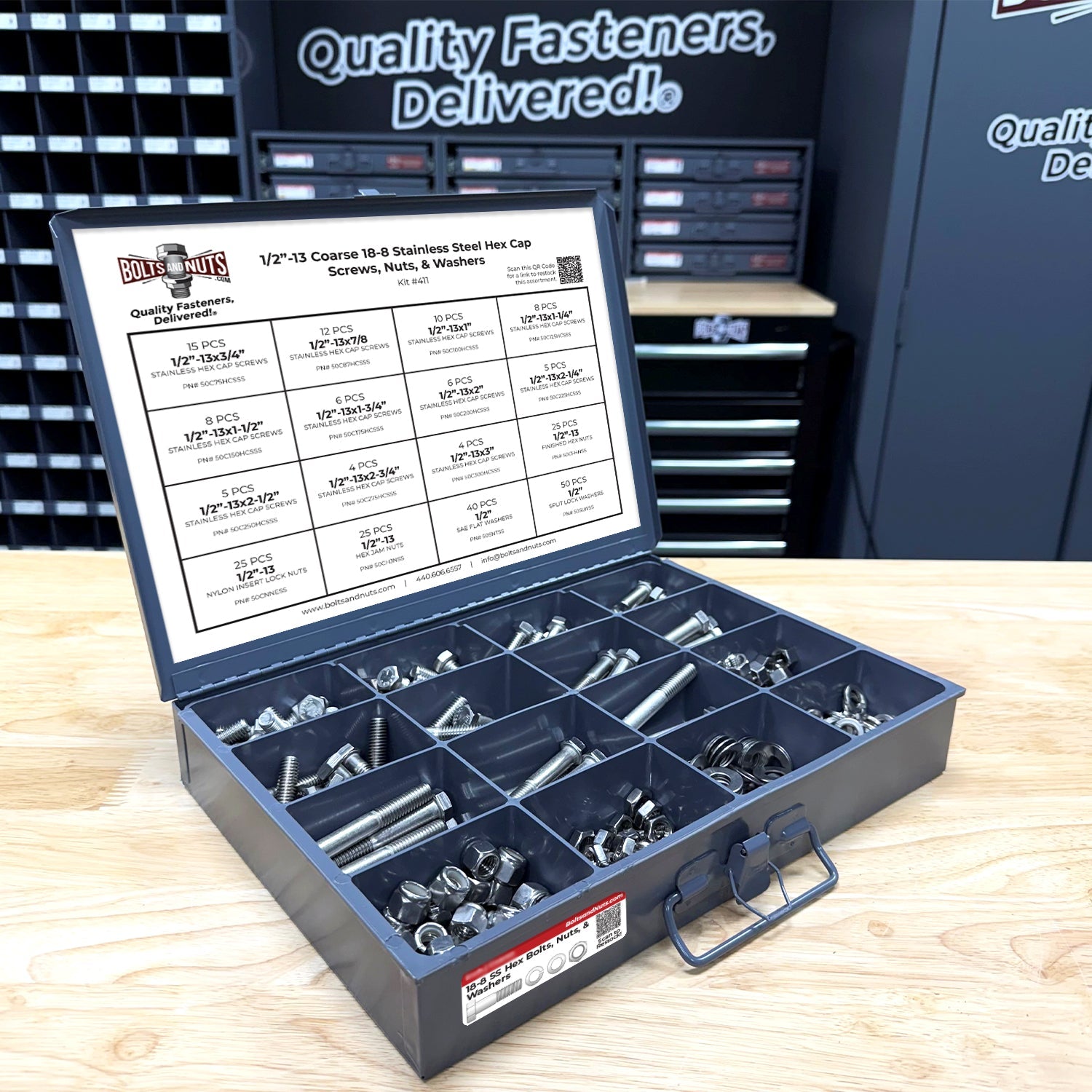 1/2"-13 Coarse 18-8 Stainless Steel Hex Cap Screws, Nuts, & Washers - 249 PCS
