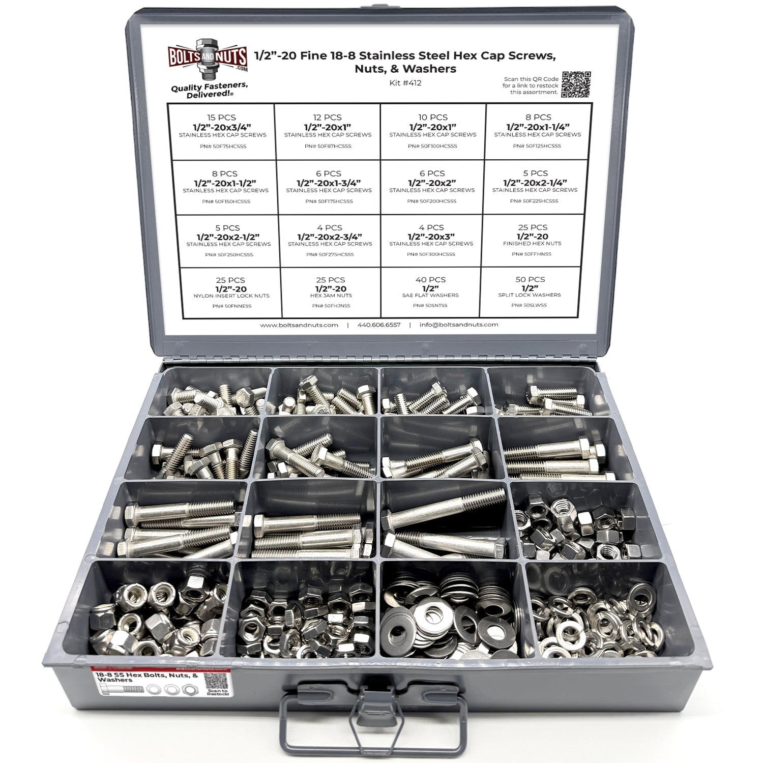 1/2"-20 Fine 18-8 Stainless Steel Hex Cap Screws, Nuts, & Washers - 249 PCS
