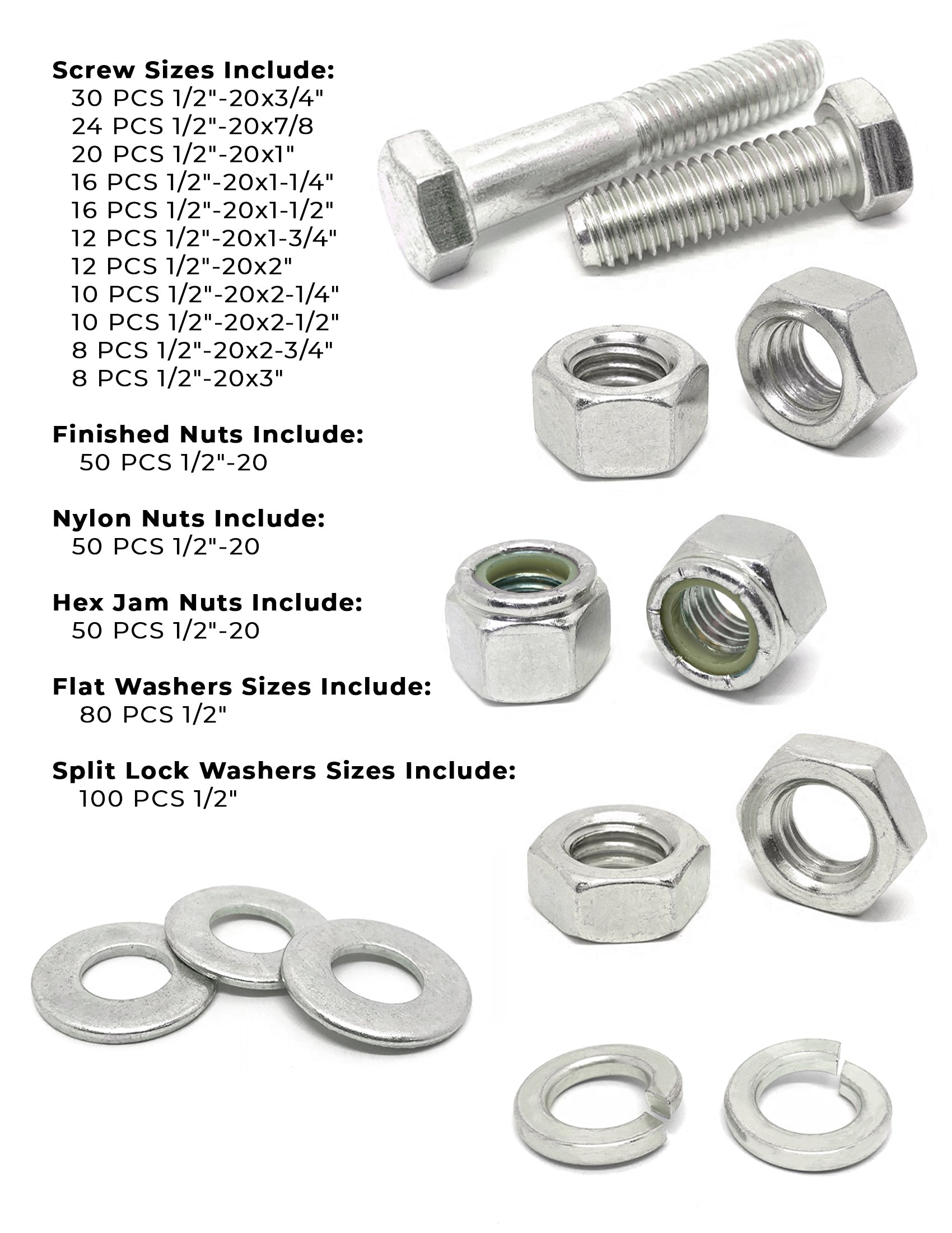 1/2"-20 Fine 18-8 Stainless Steel Hex Cap Screws, Nuts, & Washers - 496 PCS