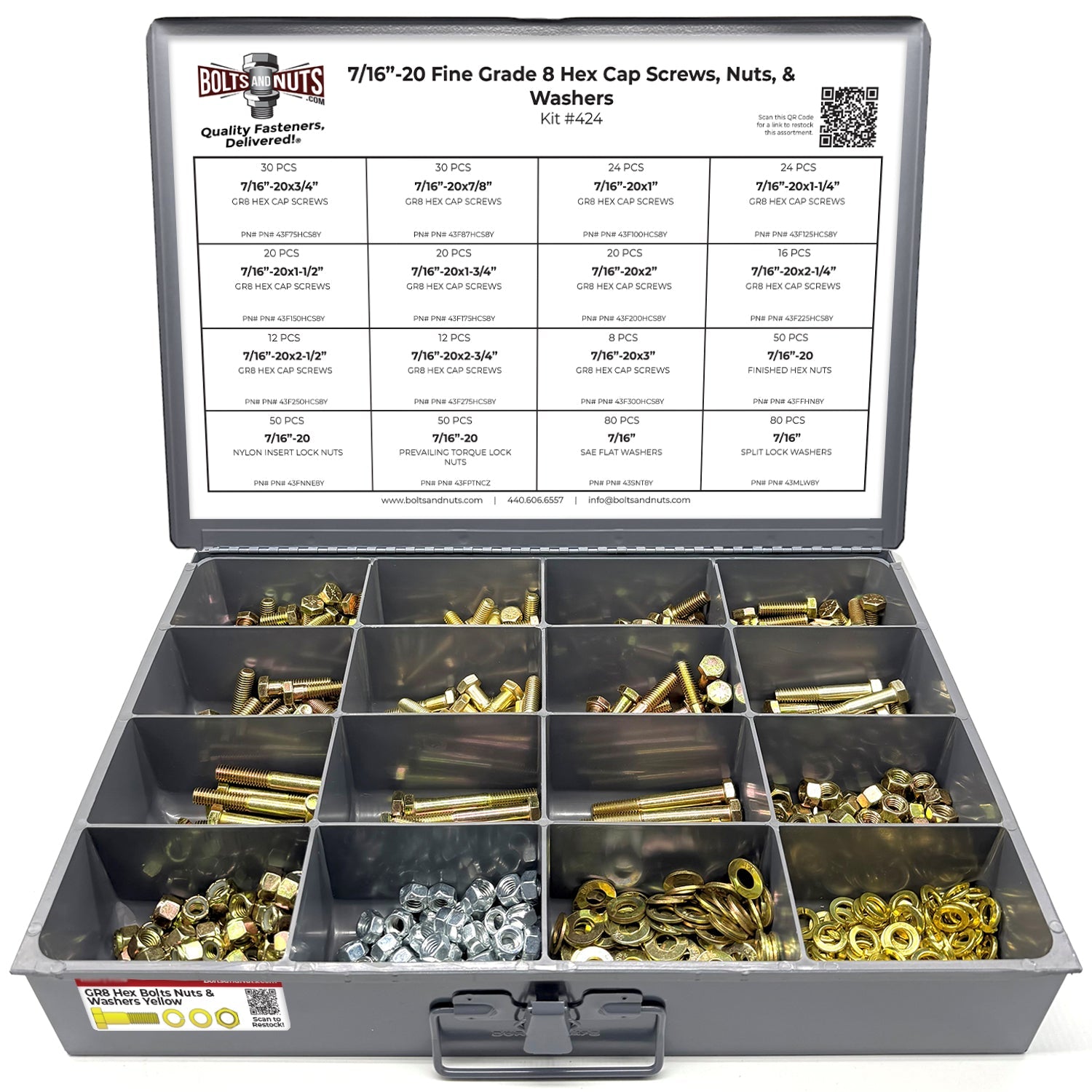 7/16"-20 Fine Grade 8 Hex Cap Screws, Nuts, & Washers - 528 PCS