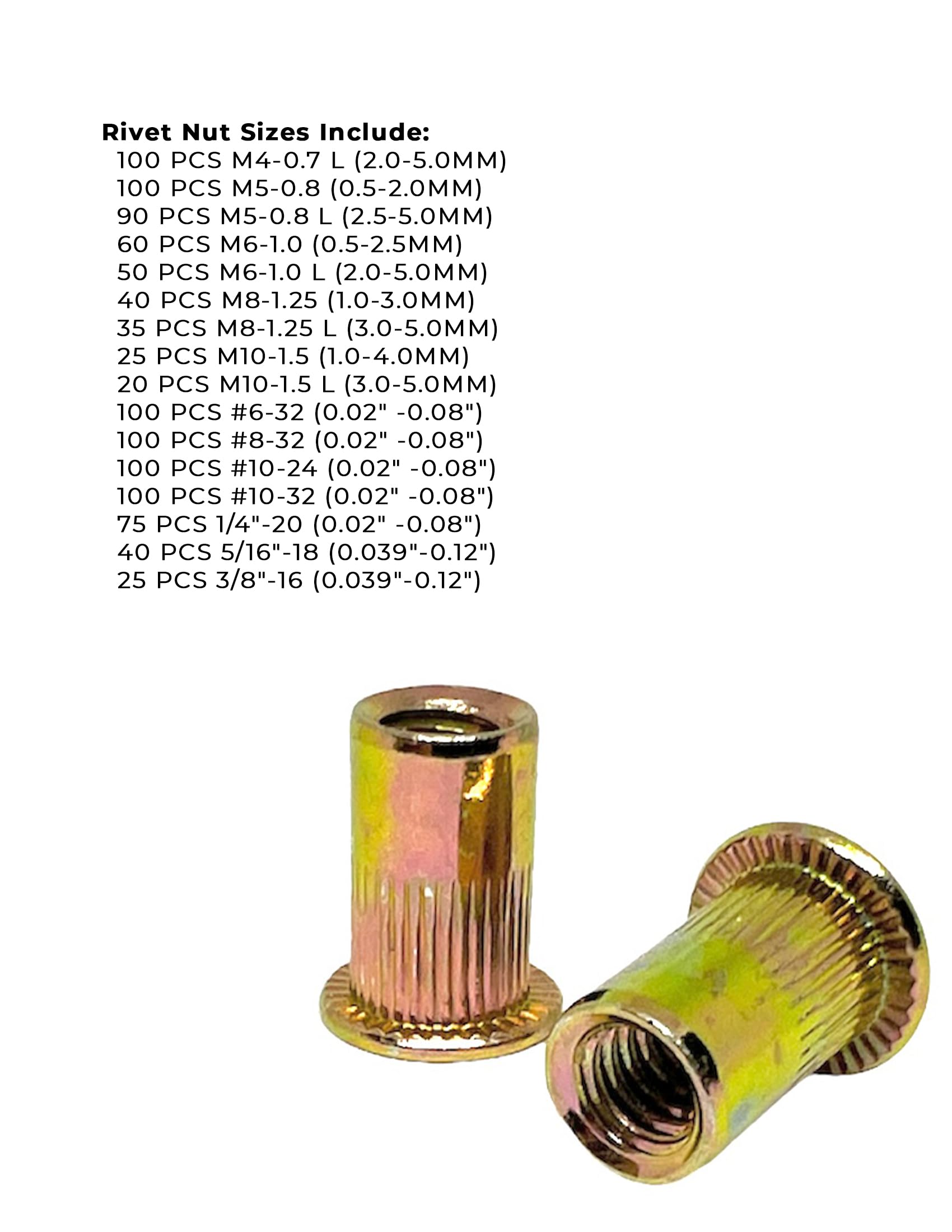 Inch & Metric Steel Rivet Nuts Zinc Yellow Assortment - 1060 PCS