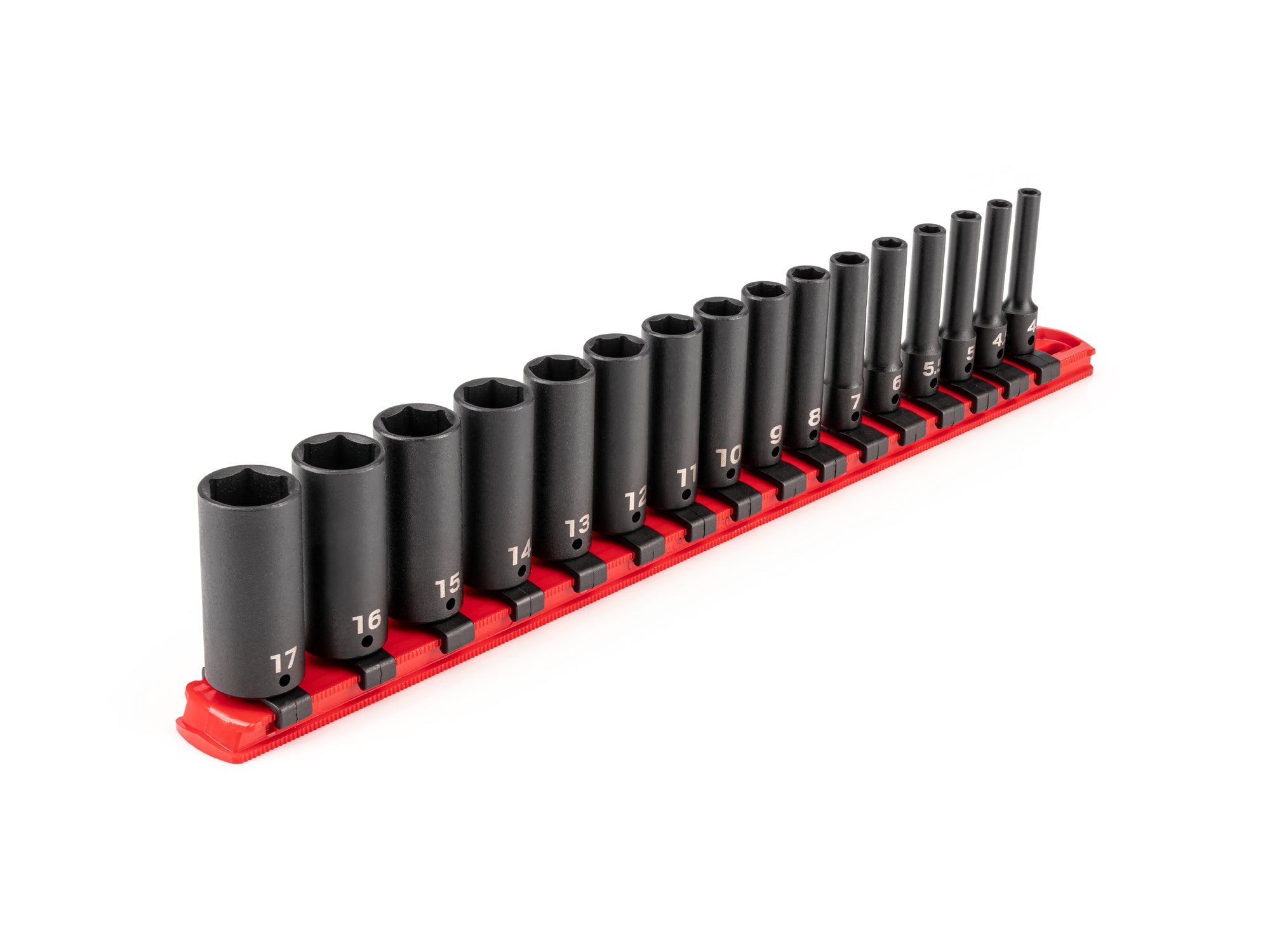 1/4 Inch Drive Deep 6-Point Impact Socket Set with Rail, 16-Piece (4 - 17 mm)