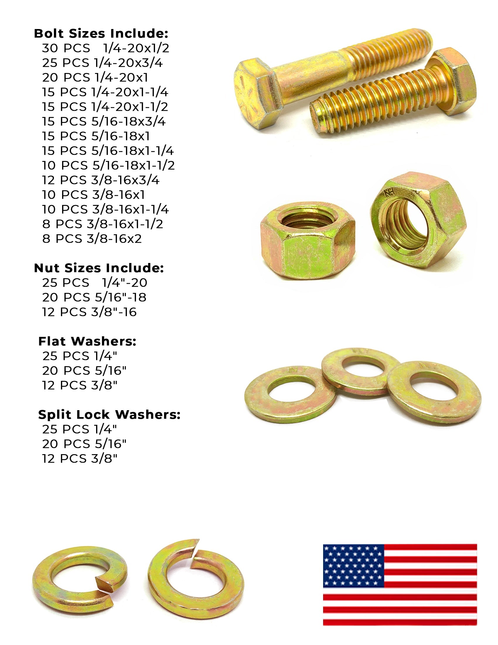 Inch Grade 8 Hex Cap Screws, Nuts, Flat & Lock Washers Zinc Yellow USA Made Hardware - 380 PCS