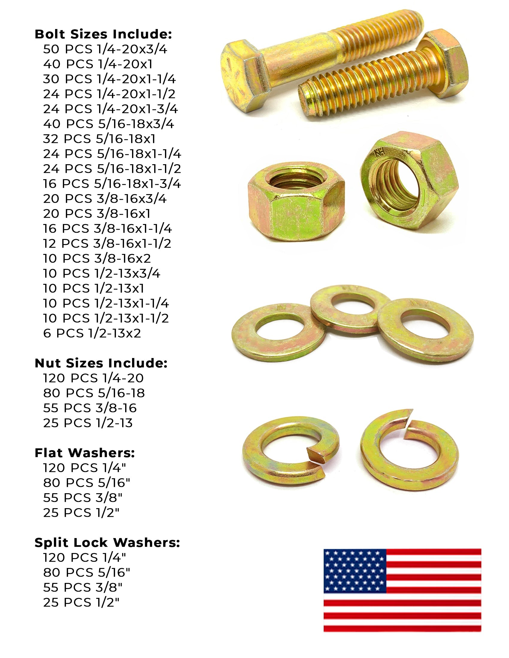 Inch Grade 8 Hex Cap Screws, Nuts, and Washers Zinc Yellow USA Made Hardware  - 1269 PCS