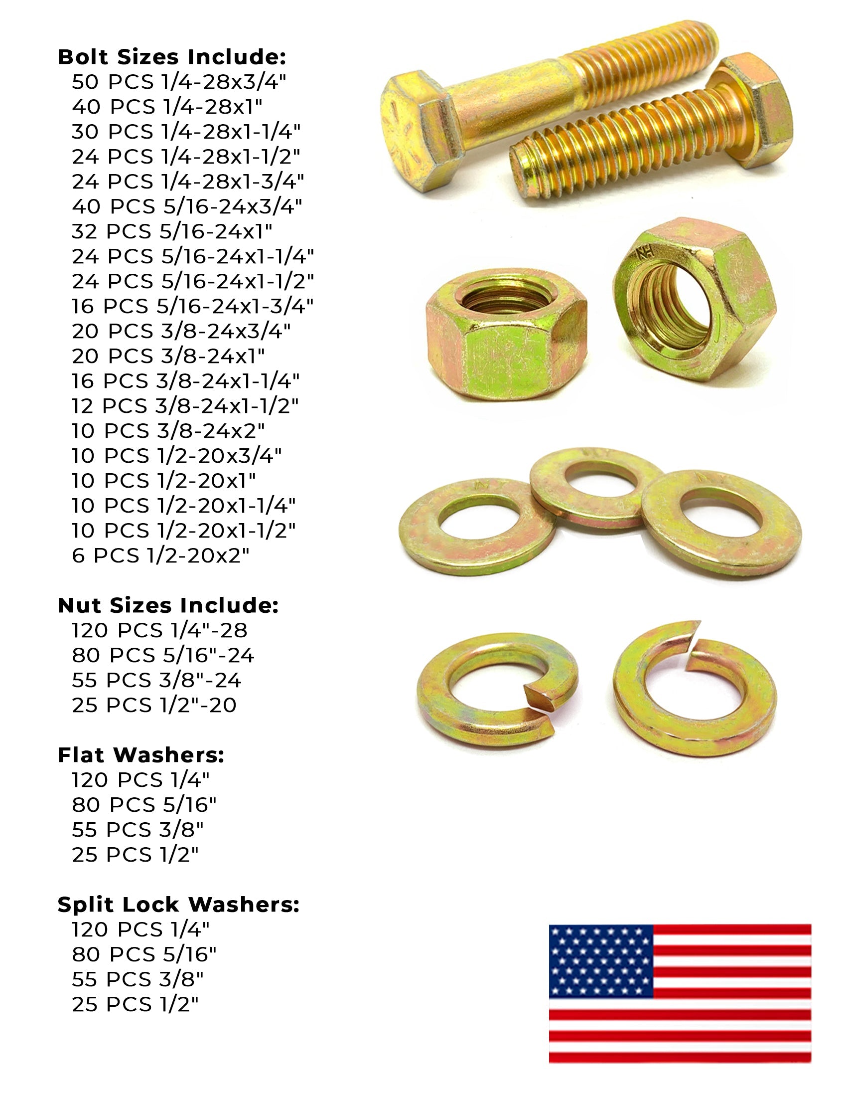 Inch Grade 8 Hex Cap Screws, Nuts, and Washers Fine Thread Zinc Yellow USA Made Hardware Fine Thread - 1269 PCS
