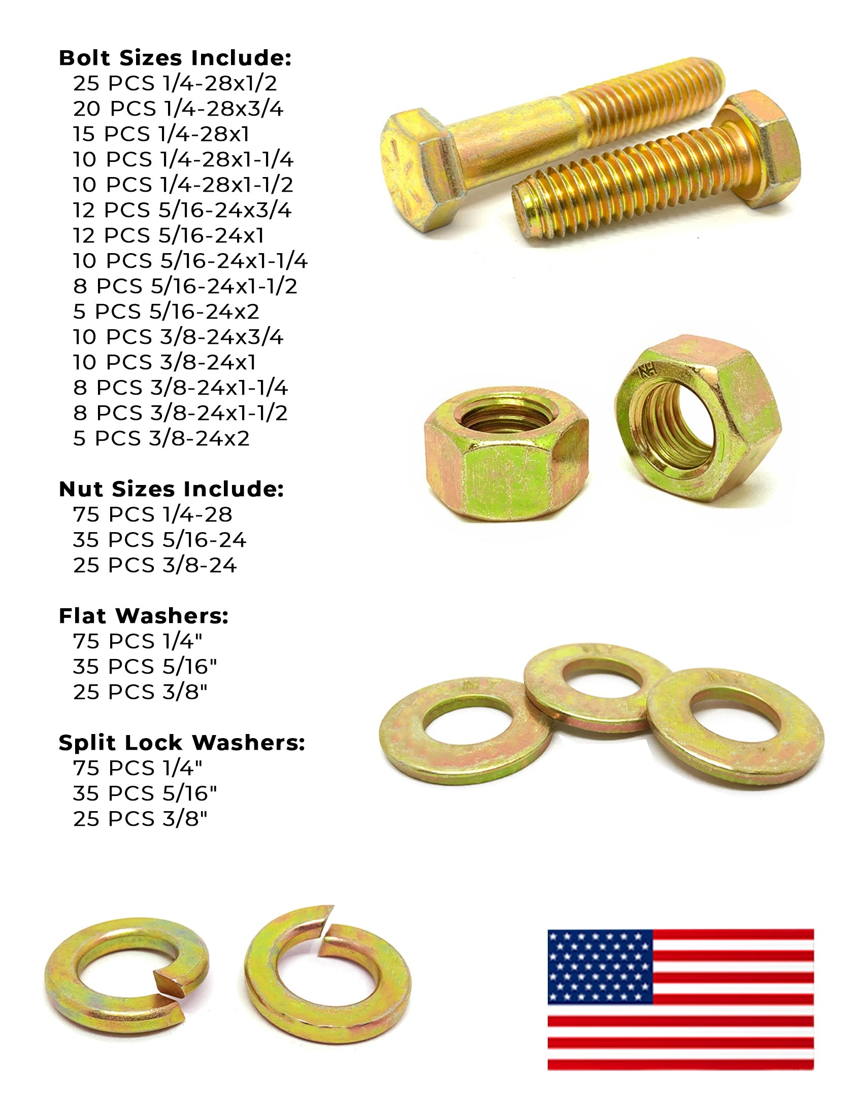 Inch Grade 8 Fine Thread Hex Cap Screws, Hex Nuts & Washers Zinc Yellow USA Made Hardware - 574 PCS