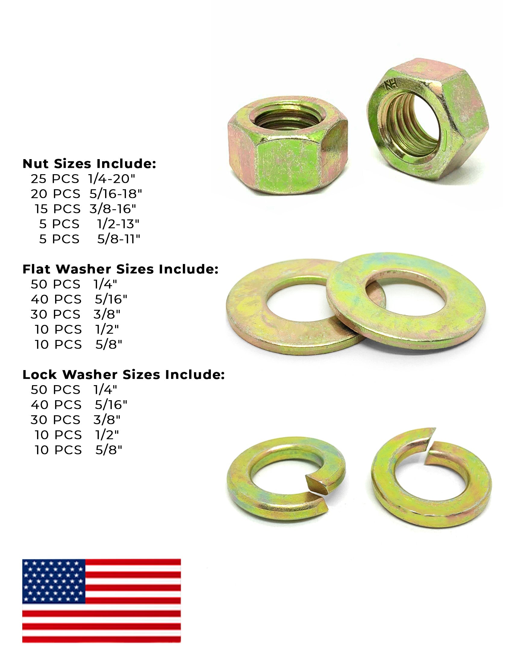 Inch Grade 8 Finished Hex Nuts, SAE Flat & Split Lock Washers USA Made Hardware Assortment - 351 Pcs