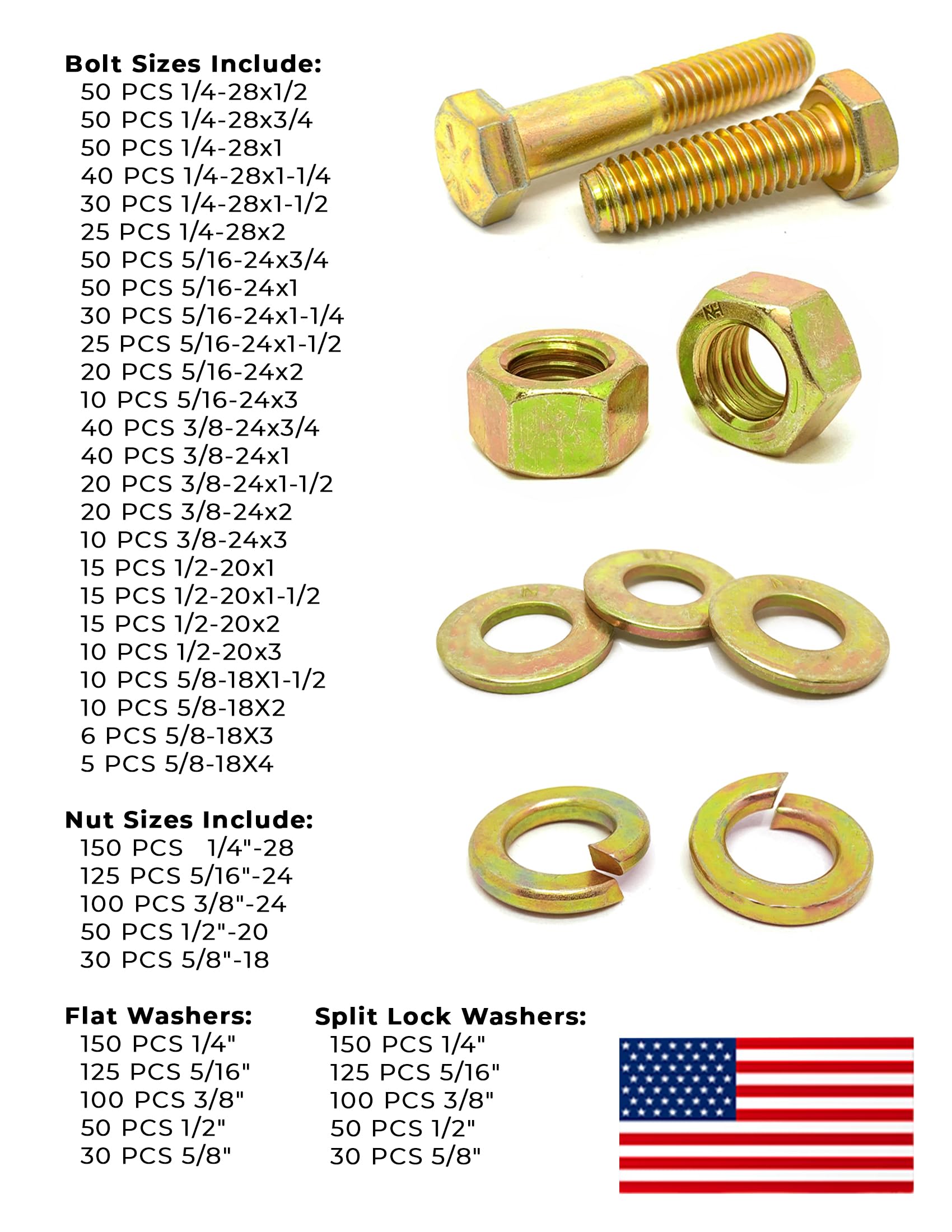 Inch Grade 8 Fine Hex Cap Screws, Hex Nuts, Flat & Lock Washers Zinc Yellow USA Made Hardware - 2011 PCS