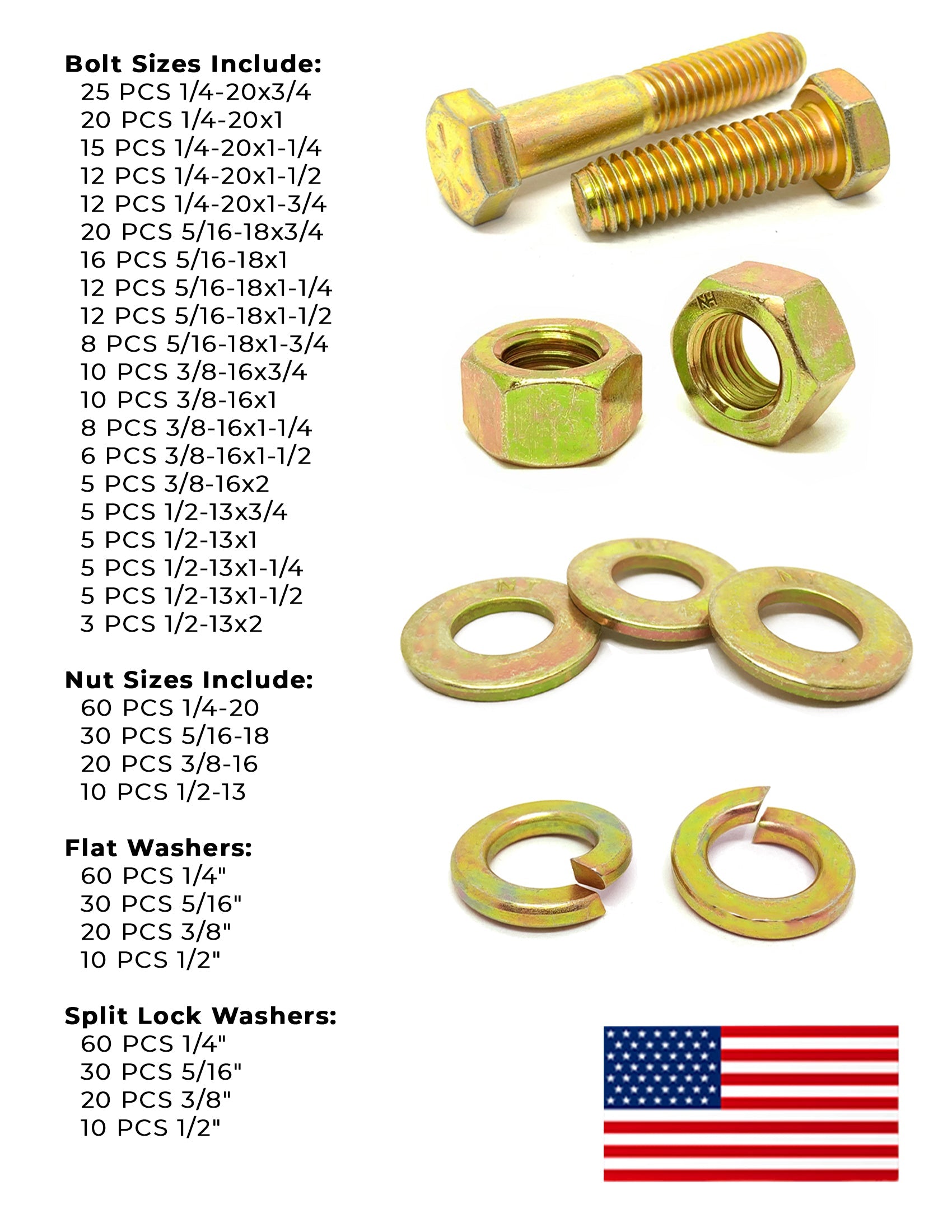 Inch Grade 8 Hex Cap Screws, Nut & Washer Assortment Zinc Yellow USA Made Hardware - 574 PCS