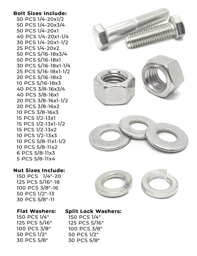 Inch 316 Stainless Hex Cap Screws, Hex Nuts, Flat & Lock Washers - 2011 PCS