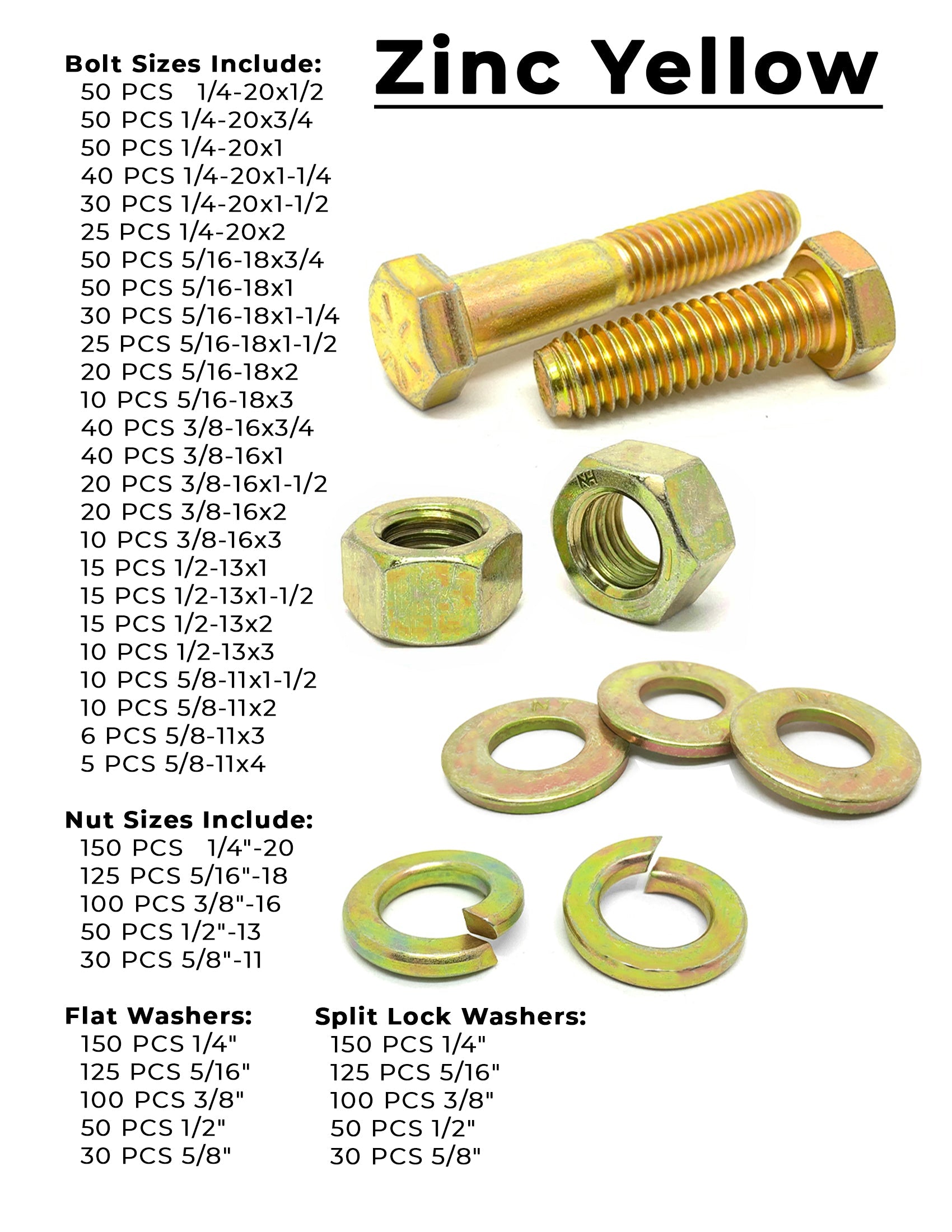 Inch & Metric Grade 8 and Class 10.9 Cap Screws, Nuts, Washers & Lock Washers - Zinc Clear & Zinc Yellow - 4024 PCS