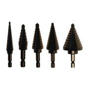 5 Piece High Speed Steel Black & Gold Round Shank Step Drill Bit Set, (Sizes #1 - #5)