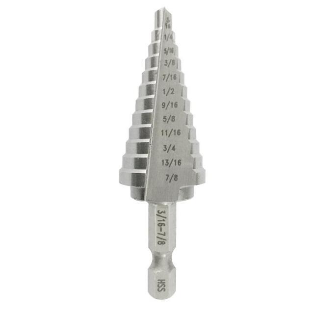 #2 High Speed Steel Quick Change Hex Shank Step Drill Bit, (3/16" - 1/2" by 1/16")