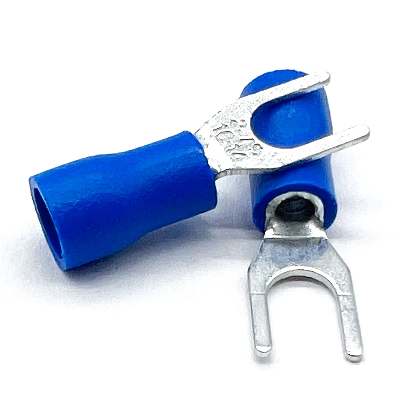 Blue PVC/Vinyl #8 Fork Crimp Connector, AWG 16-14