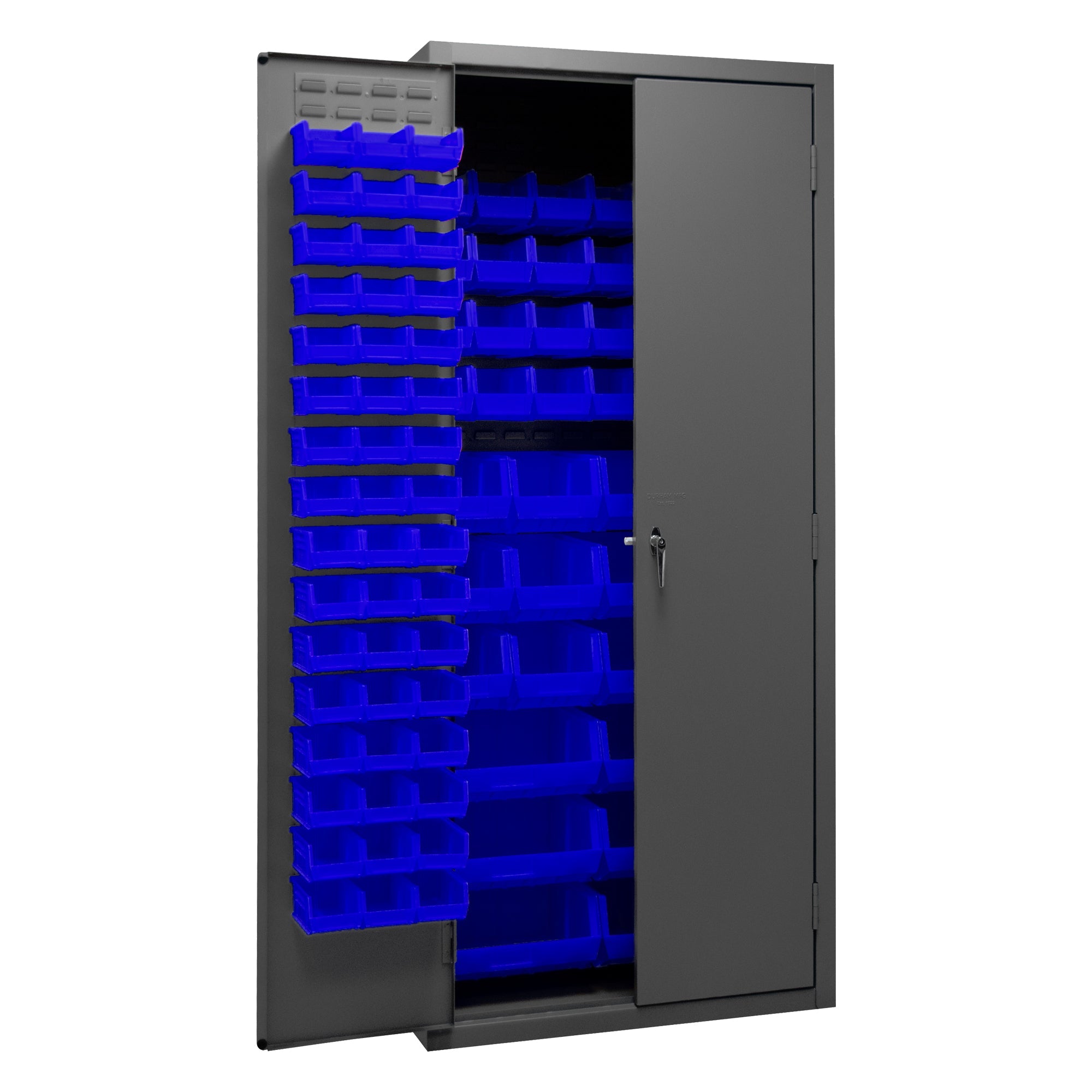 Metal Locking Storage Cabinet with 138 Blue Hook-On-Bins