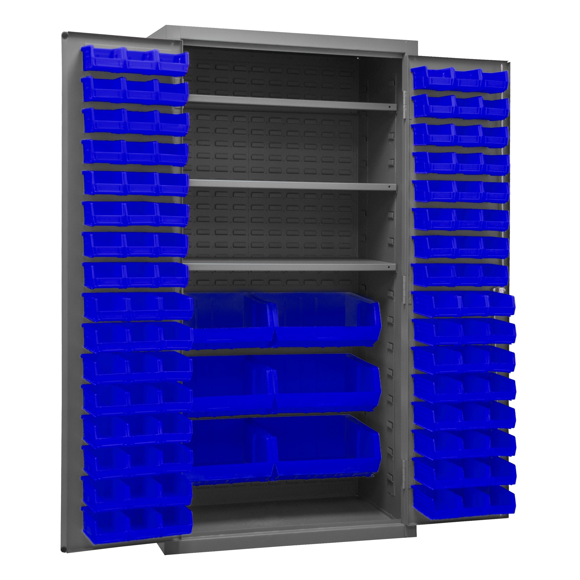 Metal Locking Storage Cabinet with 102 Hook-On-Bins Blue and 3 Shelves