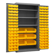 Metal Locking Storage Cabinet with 102 Hook-On-Bins Yellow and 3 Shelves
