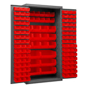 Metal Locking Storage Cabinet with 126 Red Hook-On-Bins