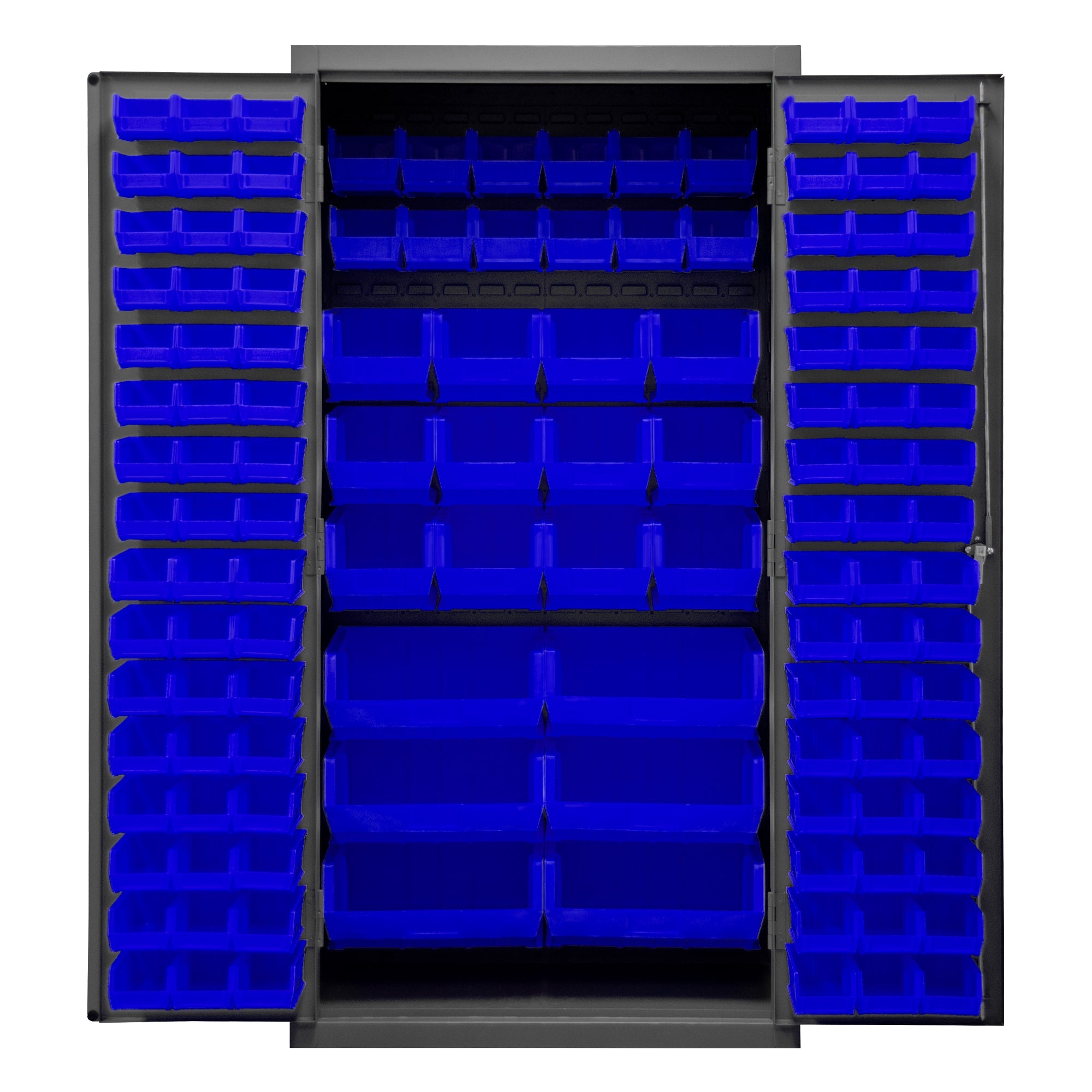 Metal Locking Storage Cabinet with 126 Blue Hook-On-Bins