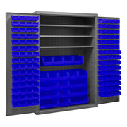 Metal Locking Storage Cabinet with 138 Blue Hook-On-Bins and 3 Shelves