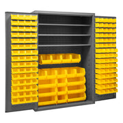 Metal Locking Storage Cabinet with 138 Yellow Hook-On-Bins and 3 Shelves