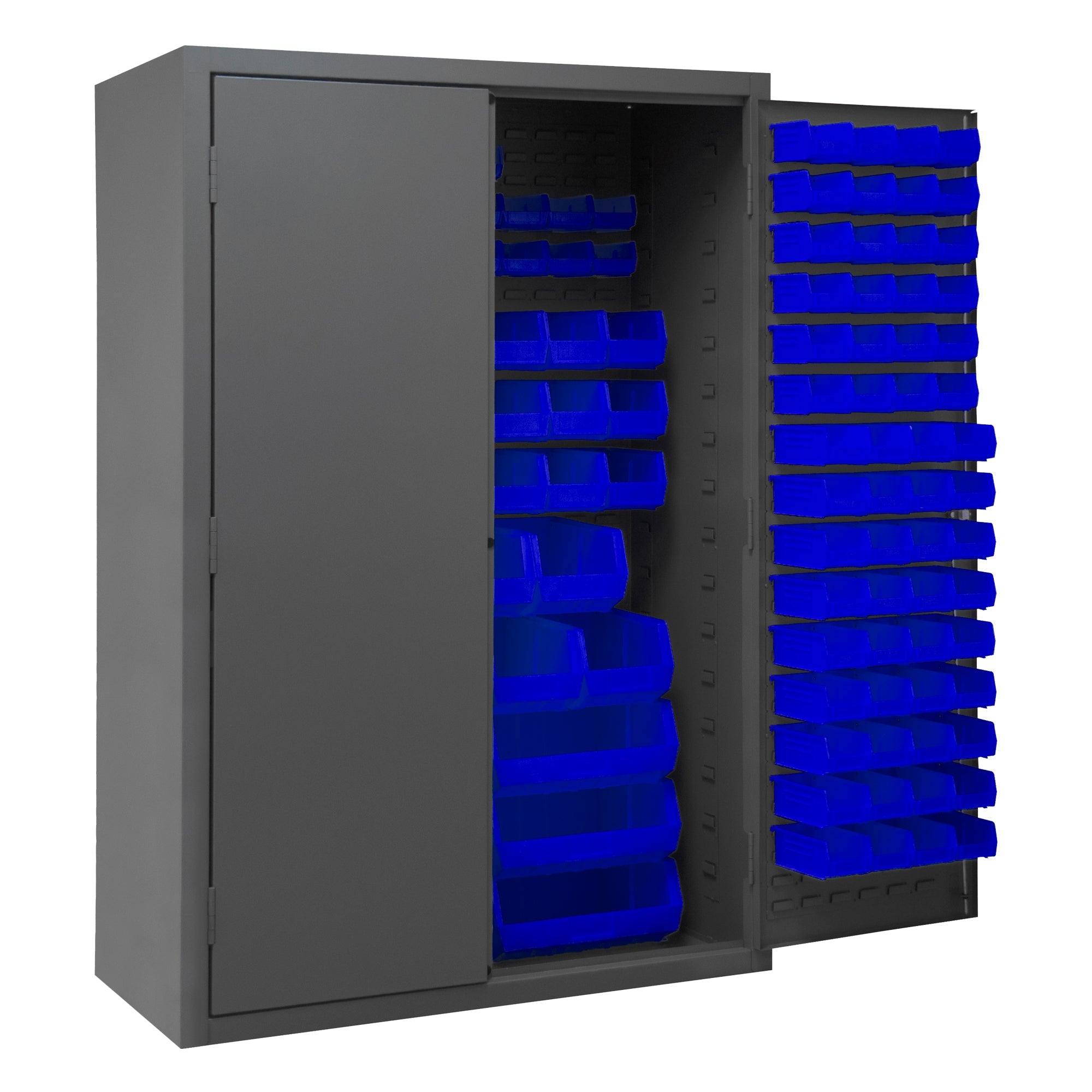 Metal Locking Storage Cabinet with 186 Blue Hook-On-Bins